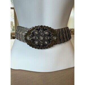 Belt OSFM Metal Silver Tone Elastic Stretch Oval Buckle w/ Enamel & Bling Vtg